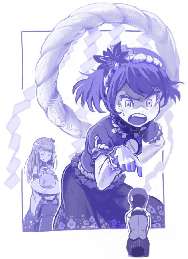 angry, comforting, crossover, giantess, hug, idolmaster, kochiya_sanae, kousaku
