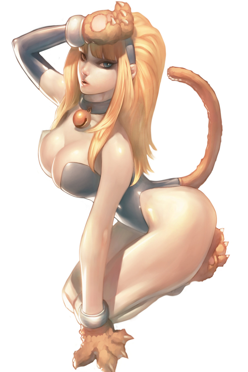 absurdres, alien1452, bell, bell_collar, black_gloves, blue_eyes, breasts, cat_paws