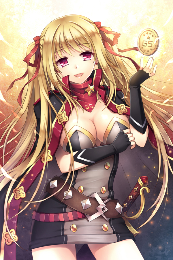 belt, blonde_hair, bow, breasts, cape, coin, detached_sleeves, hair_ribbon, long_hair, mauve, open_mouth, red_eyes, ribbon, scarf, schindler_k_eru, smile, solo, sword, sword_girls, twintails, very_long_hair, weapon