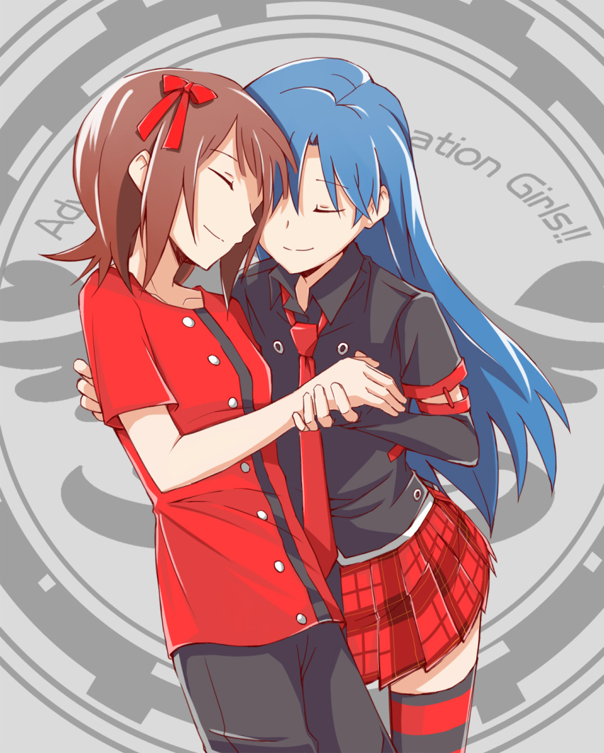 amami_haruka, blue_hair, brown_hair, closed_eyes, cosplay, costume_switch, eyes_closed, hair_ribbon, highres, idolmaster, kisaragi_chihaya, long_hair, lucky_(lucky93283300), multiple_girls, necktie, punkish_gothic, ribbon, short_hair, smile, thigh-highs, thighhighs, zettai_ryouiki