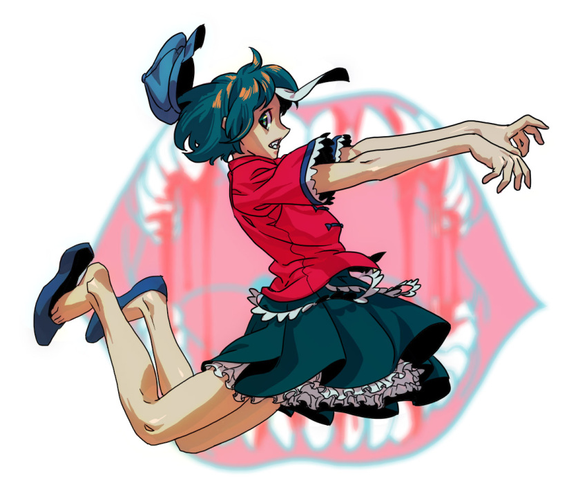 beret, cabbie_hat, hat, miyako_yoshika, ofuda, outstretched_arms, shoe_dangle, short_hair