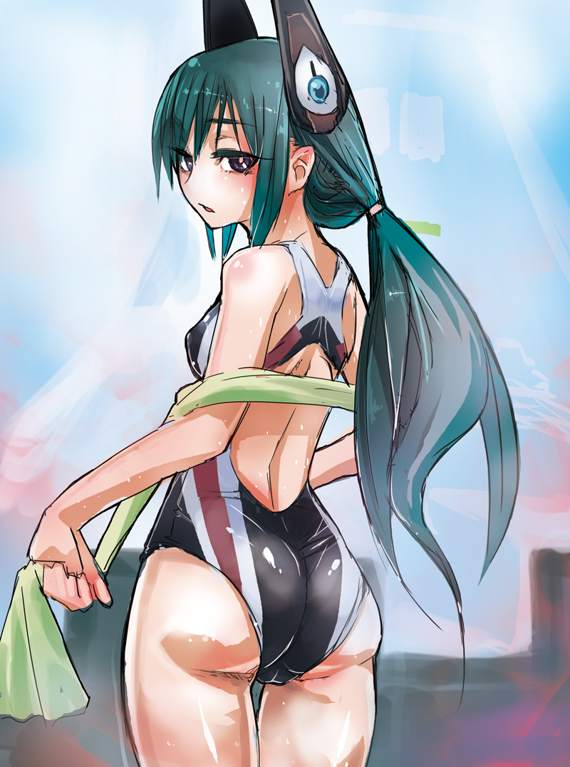 ass, black_eyes, competition_swimsuit, green_hair, kaname_(taishi), long_hair, looking_back, menou_kaname