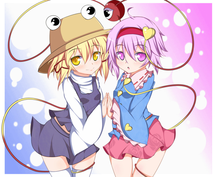 blonde_hair, hairband, hand_holding, hat, holding_hands, komeiji_satori, moriya_suwako, multiple_girls
