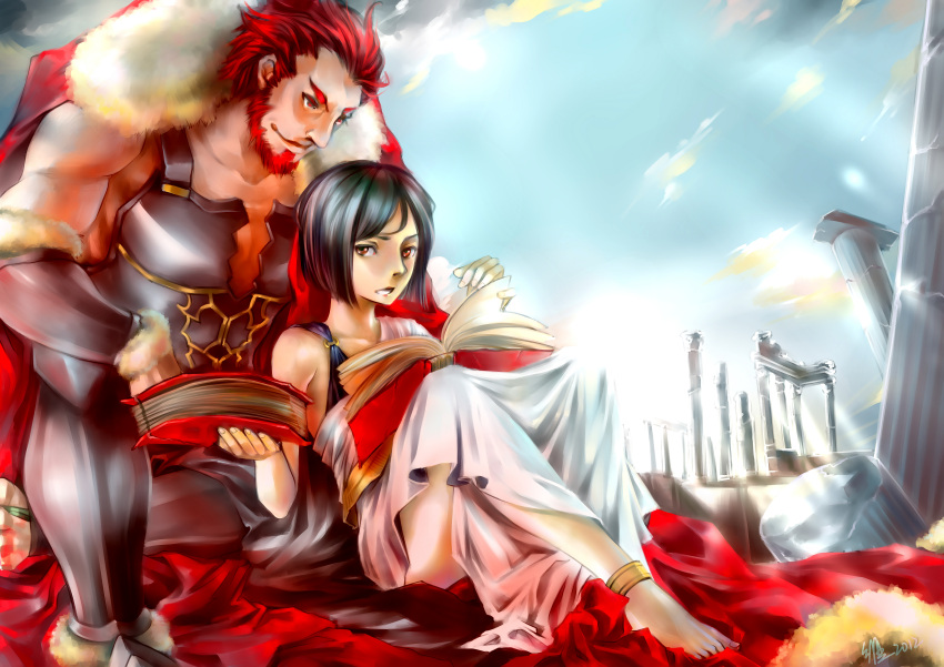 absurdres, anklet, armor, barefoot, beard, black_eyes, black_hair, book, cape, column, facial_hair, fate/zero, fate_(series), greece, highres, jewelry, male, multiple_boys, pillar, reading, red_eyes, red_hair, redhead, rider_(fate/zero), stvictoria_(hotusconclusus), toga, waver_velvet