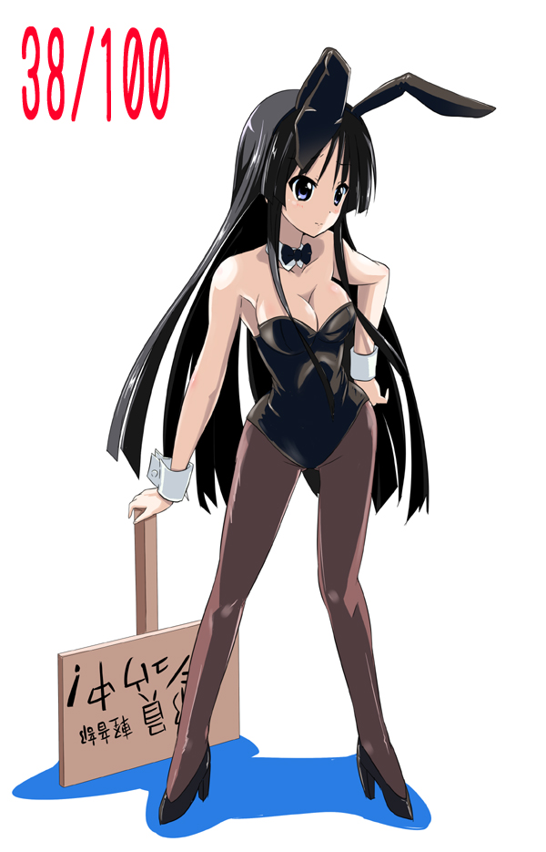akiyama_mio, animal_ears, black_hair, blue_eyes, bowtie, breasts, bunny_ears, bunnysuit