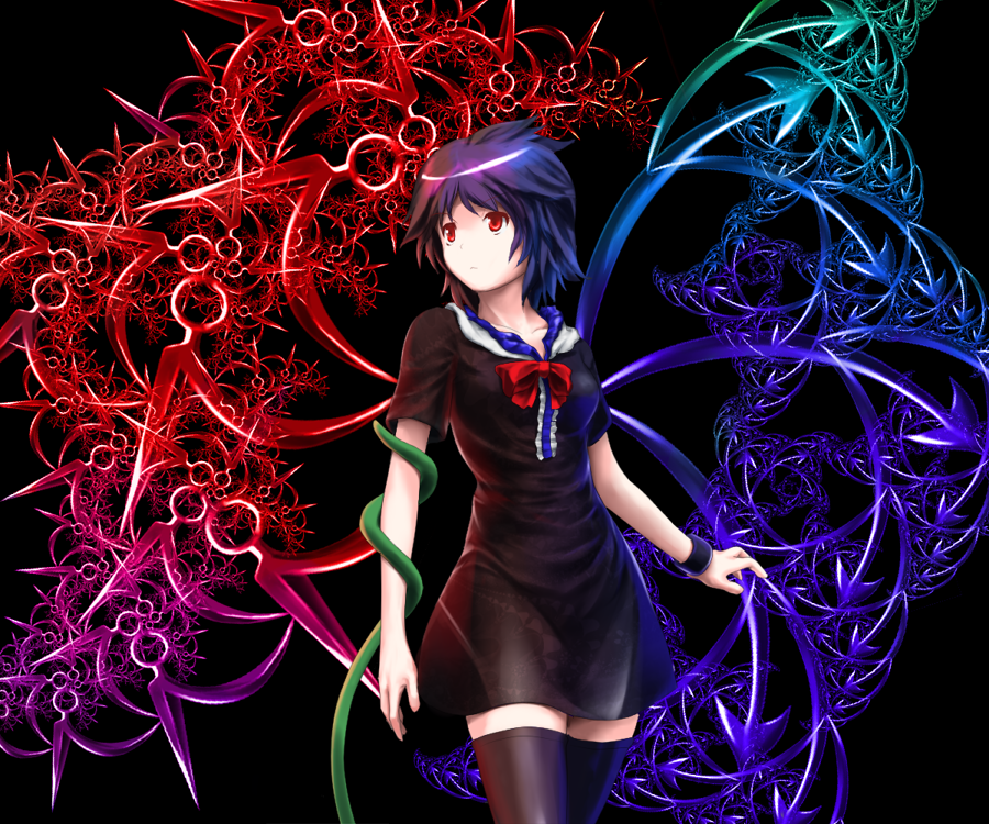 ascot, black_background, black_dress, black_hair, breasts, dress, eno_(whiskeyne), fractal