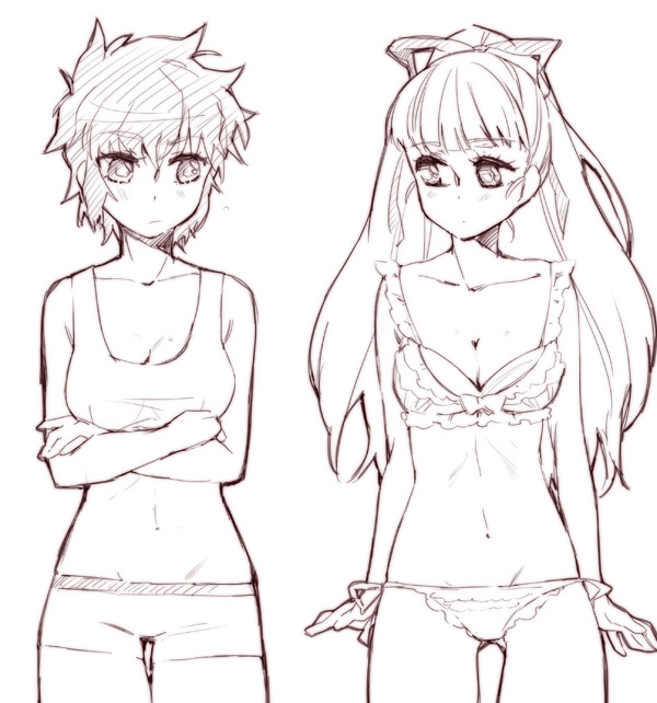 bikini, bow, breasts, cleavage, hair_bow, jenny_dolittle, long_hair, lynn_lambretta, miniskirt_pirates, monochrome, multiple_girls, mutou_(canaria), mutou_mato, navel, short_hair, swimsuit