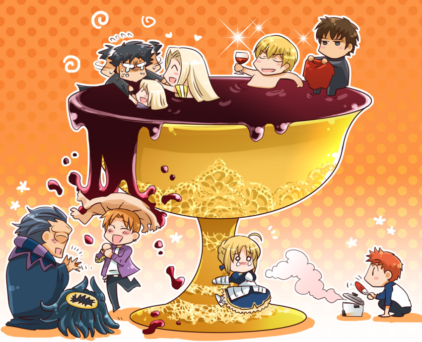 cape, caster_(fate/zero), chibi, cup, emiya_kiritsugu, emiya_shirou, family, fan
