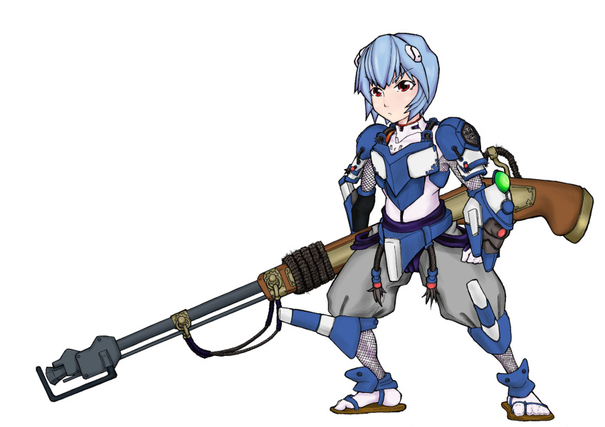 adapted_costume, arquebus, ayanami_rei, blue_hair, eva_00, hair_ornament, hashibami_arata, highres, mixed_media, neon_genesis_evangelion, red_eyes, samurai_armor, sandals, tabi