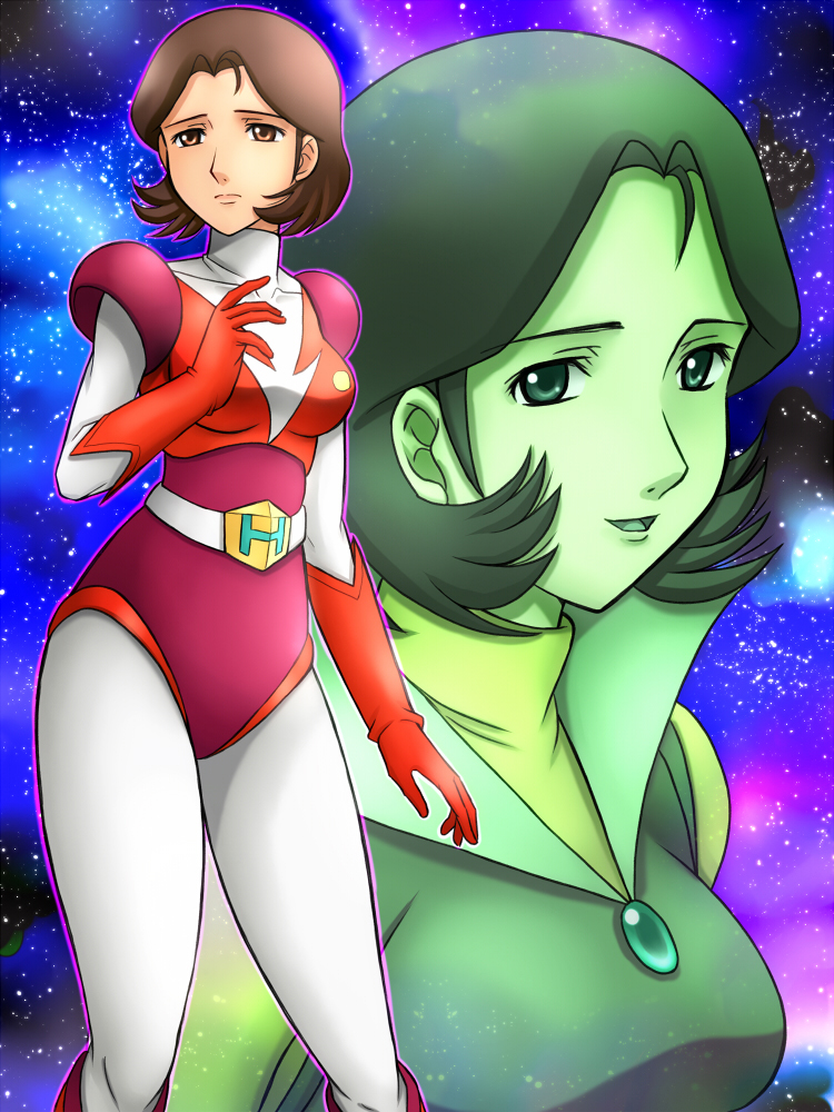 belt, blue_eyes, bodysuit, brown_hair, dual_persona, elbow_gloves, fujii_satoshi, gloves, makiba_hikaru, red_gloves, sad, short_hair, solo, star_(sky), ufo_robo_grendizer
