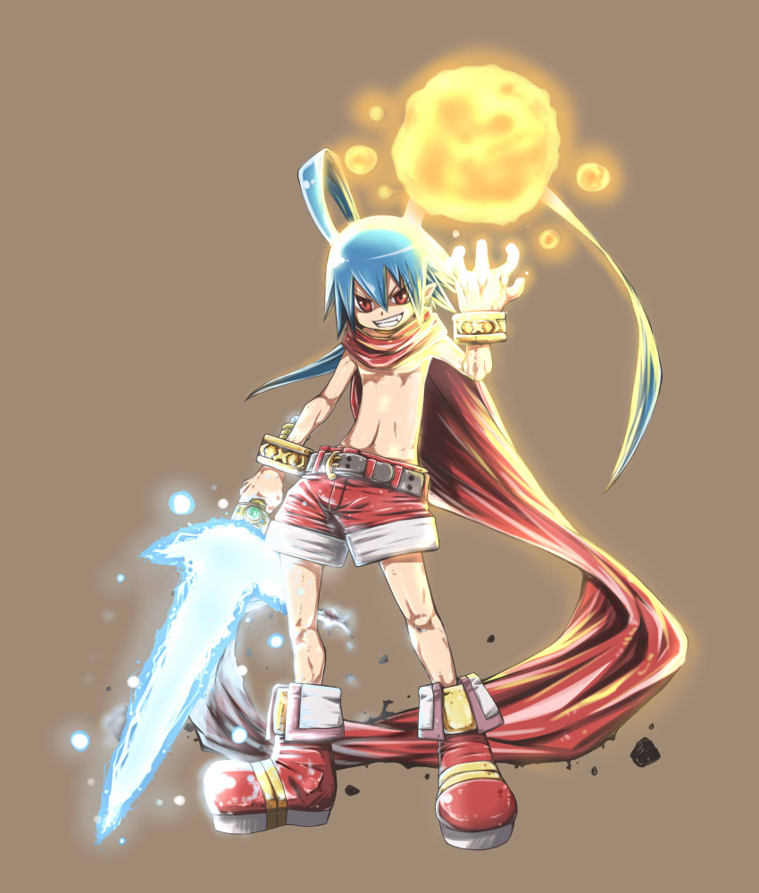 antenna_hair, belt, blue_hair, boots, bracelet, disgaea, energy_ball, energy_blade