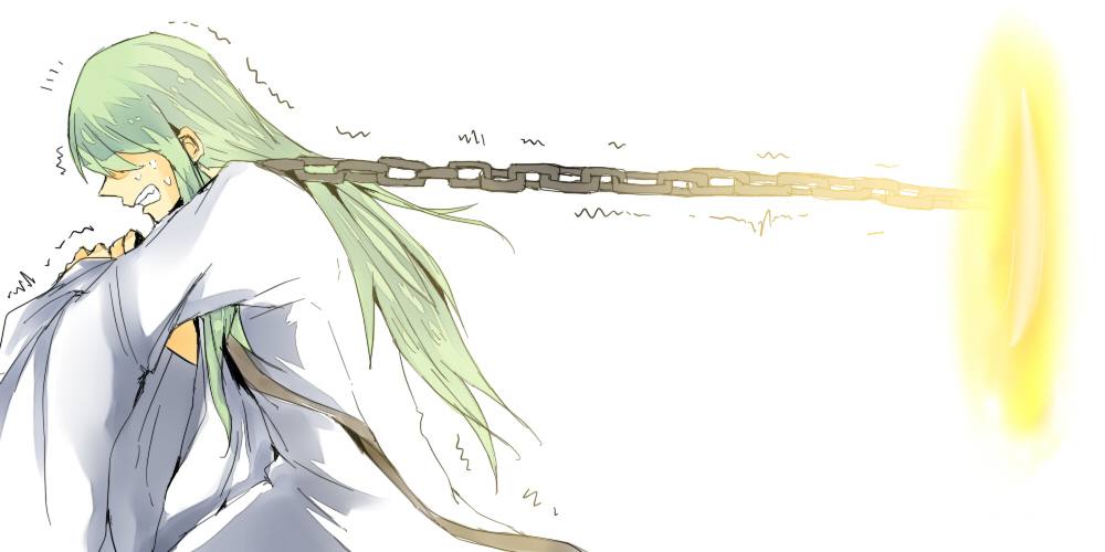 bad_id, cako., cako_(a_ben), chain, chains, enkidu_(fate/strange_fake), fate/strange_fake, fate_(series), gate_of_babylon, green_hair, hair_over_eyes, long_hair, male, pulling, robe, solo