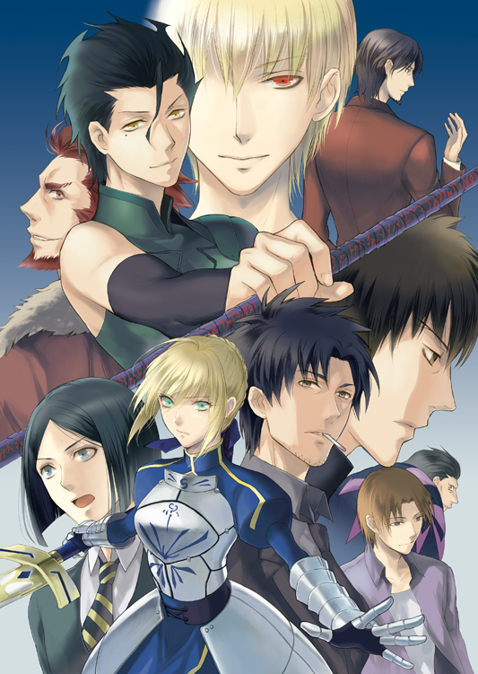 6+boys, beard, black_hair, blonde_hair, brown_hair, caster_(fate/zero), emiya_kiritsugu, excalibur