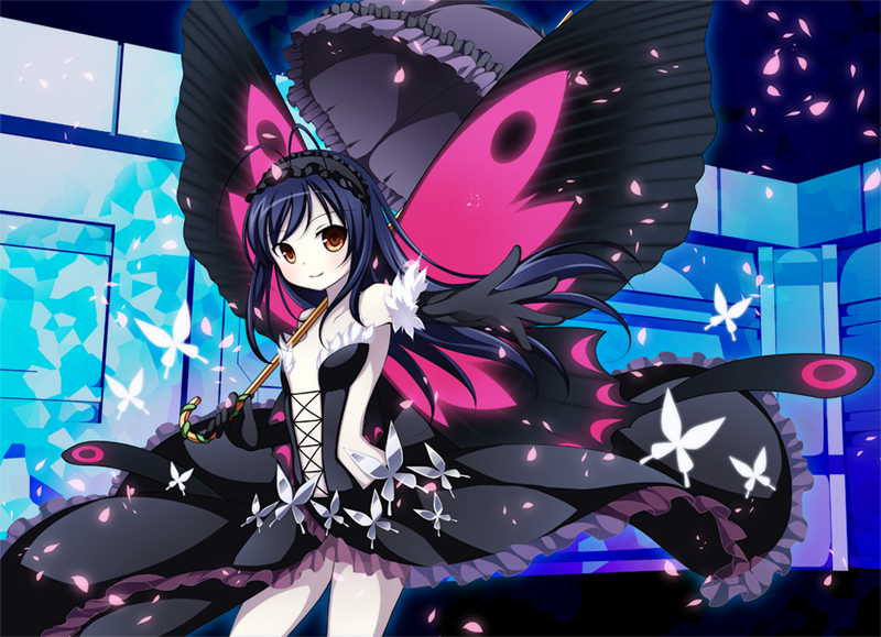 accel_world, antenna_hair, aoilio, bare_shoulders, black_hair, brown_eyes, butterfly, butterfly_wings
