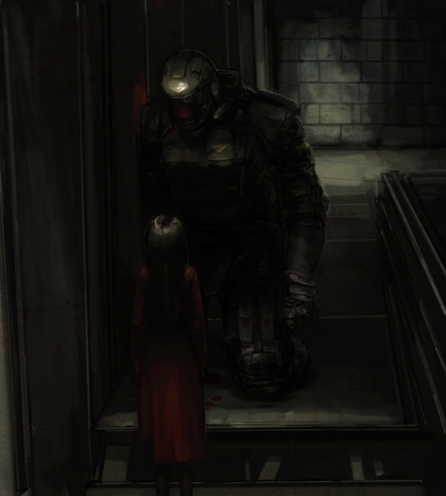 1girl, alma_wade, black_hair, blood, dress, f.e.a.r., helmet, kneeling