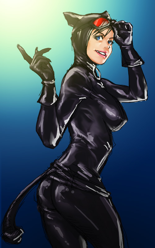 1girl, batman_(series), dc_comics, gloves, goggles, goggles_on_head, over_shoulder, sketch