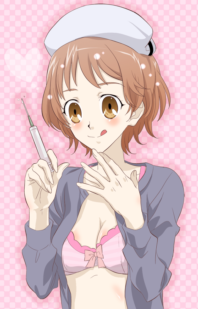 another, bra, breasts, brown_eyes, brown_hair, cleavage, hat, mayo999, mizuno_sanae, nurse_cap, short_hair, solo, syringe, underwear
