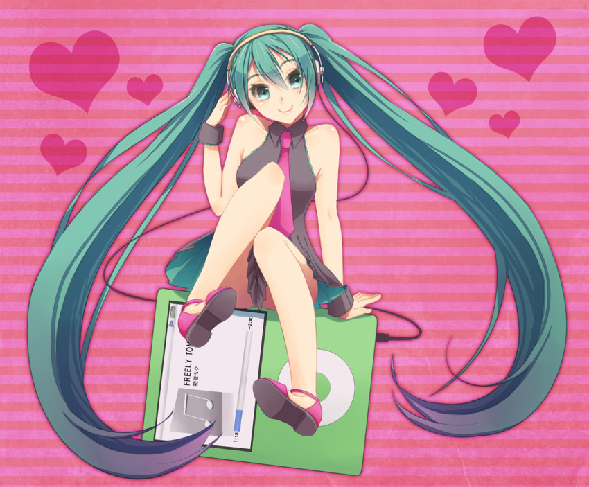 character_name, digital_media_player, green_eyes, green_hair, hand_on_headphones, hatsune_miku, headphones, heart