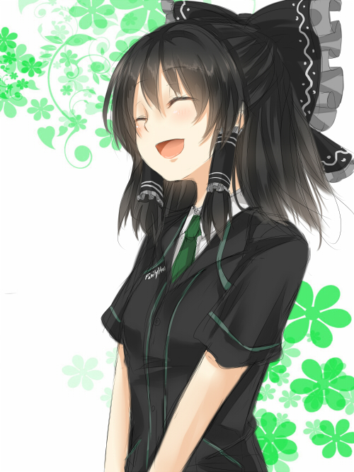 alternate_color, alternate_costume, black_hair, bow, bust, closed_eyes, eyes_closed, hair_bow