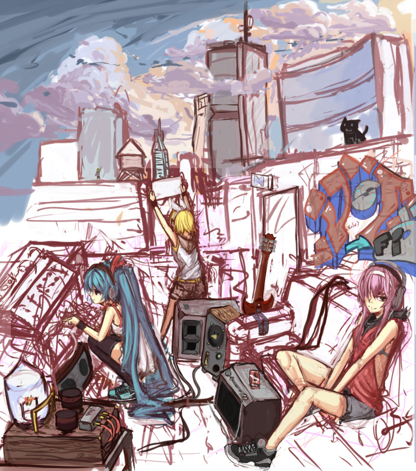 amplifier, aqua_eyes, aqua_hair, black_cat, black_legwear, blonde_hair, cat, city