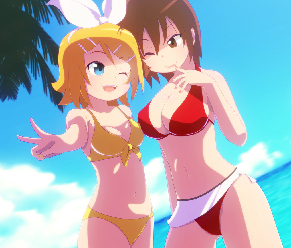 ;), ;d, bikini, blonde_hair, blue_eyes, breasts, brown_eyes, brown_hair