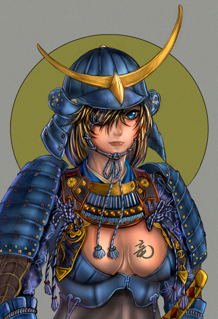 bad_id, blue_eyes, brown_hair, dokuganryuu_masamune, eyepatch, genderswap, helmet, kabuto