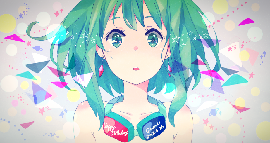 bare_shoulders, character_name, dated, earrings, green_eyes, green_hair, gumi, happy_birthday