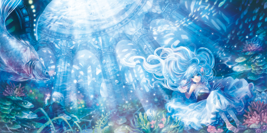 1girl, aqua_hair, barefoot, blue_eyes, blue_hair, book, bubble, cape