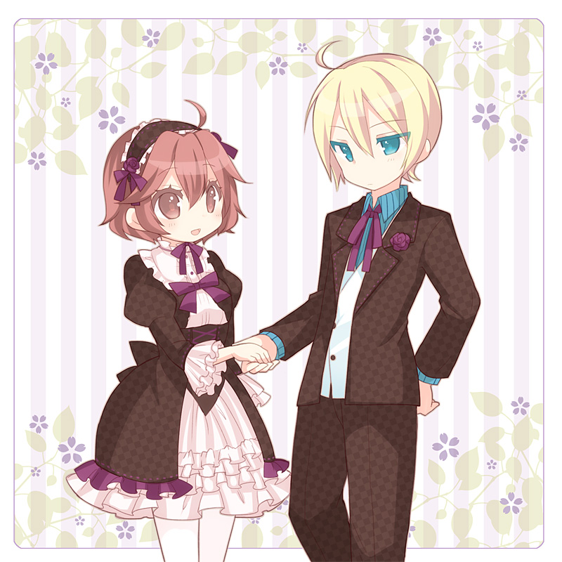 blonde_hair, blue_eyes, brown_eyes, brown_hair, couple, gill_(harvest_moon), gothic_lolita, hand_holding