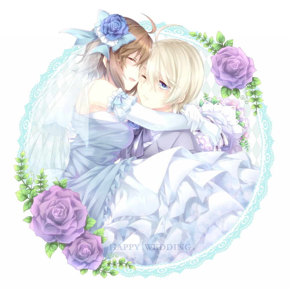 1girl, ahoge, angela_(harvest_moon), blonde_hair, blue_eyes, bouquet, bridal_veil, brown_hair, carrying, closed_eyes, couple, dress, eyes_closed, flower, gill_(harvest_moon), gloves, harvest_moon, harvest_moon_tree_of_tranquility, princess_carry, short_hair, tuxedo, veil, wedding, wedding_dress, wink, yuuna_minato