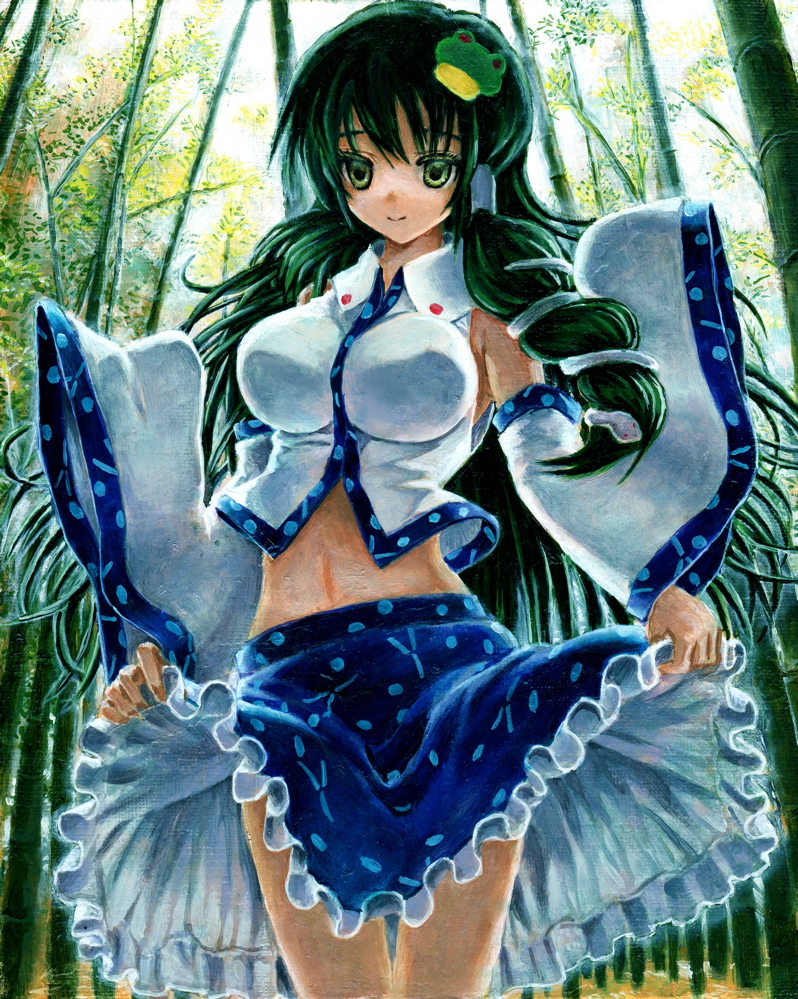 breasts, frog_hair_ornament, green_eyes, green_hair, hair_ornament, hair_tubes, kabaji, kochiya_sanae