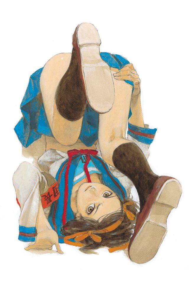 armband, brown_eyes, brown_hair, frown, headband, kneehighs, midriff, samura_hiroaki