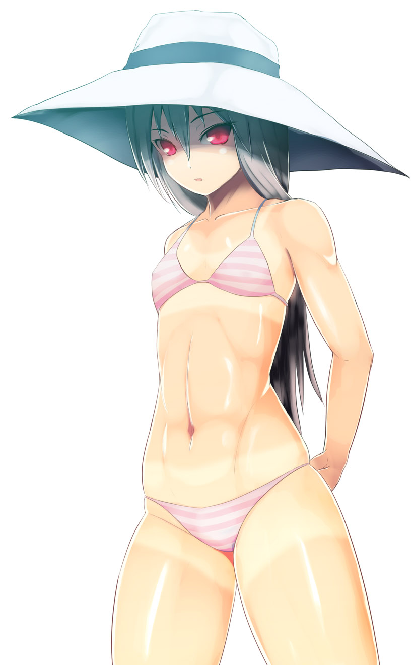 1girl, abs, amano_shinobu, artist_request, bikini, flat_chest, grey_hair, hat