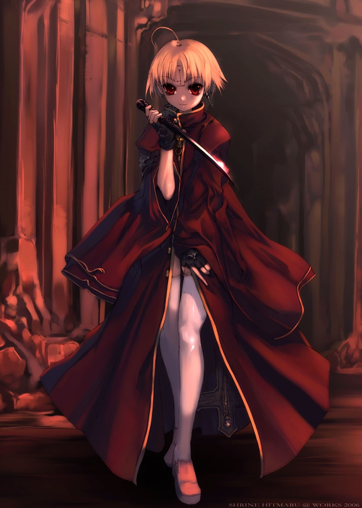 ahoge, blonde, blonde_hair, cloak, fingerless_gloves, gloves, hitomaru, jewelry