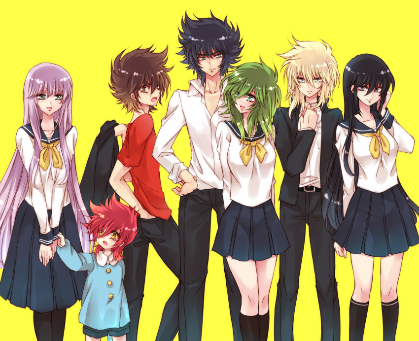 4girls, andromeda_shun, aqua_eyes, black_hair, black_legwear, blonde_hair, brown_eyes, brown_hair, child, cygnus_hyoga, dragon_shiryu, genderswap, genderswap_(mtf), green_hair, kido_saori, kidou_saori, kneehighs, kyan_(glira), lavender_hair, long_hair, multiple_boys, multiple_girls, pantyhose, pegasus_koga, pegasus_seiya, phoenix_ikki, red_hair, redhead, saint_seiya, saint_seiya_omega, school_uniform, serafuku, shirt, short_hair, simple_background, skirt, yellow_background, yellow_eyes