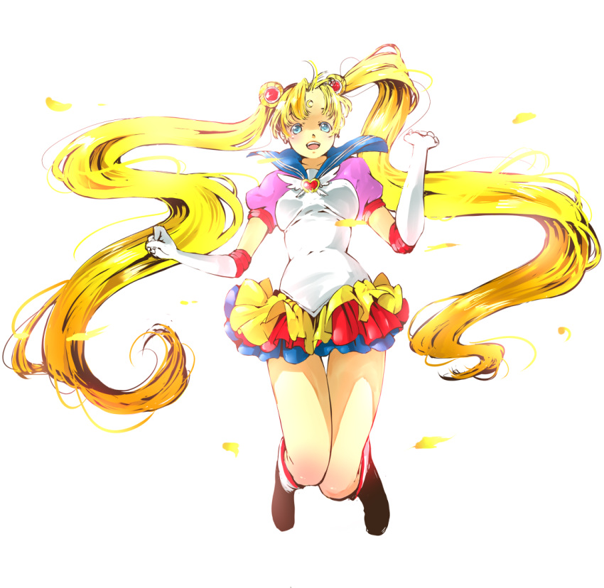 :d, bishoujo_senshi_sailor_moon, blue_eyes, crescent_moon, double_bun, elbow_gloves, eternal_sailor_moon, facial_mark, forehead, forehead_mark, gloves, jumping, long_hair, moon, nachoz_(natsukichann), open_mouth, pleated_skirt, sailor_collar, sailor_moon, skirt, smile, solo, tsukino_usagi, twintails, white_background