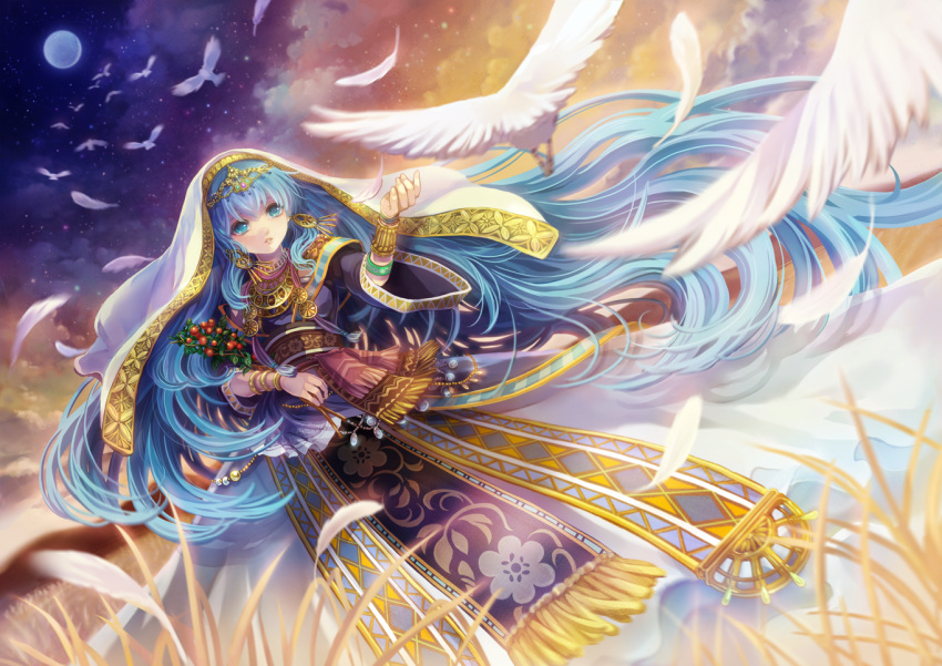 bird, blue_eyes, blue_hair, bracelet, chiko_(d04099), dress, earrings, feathers