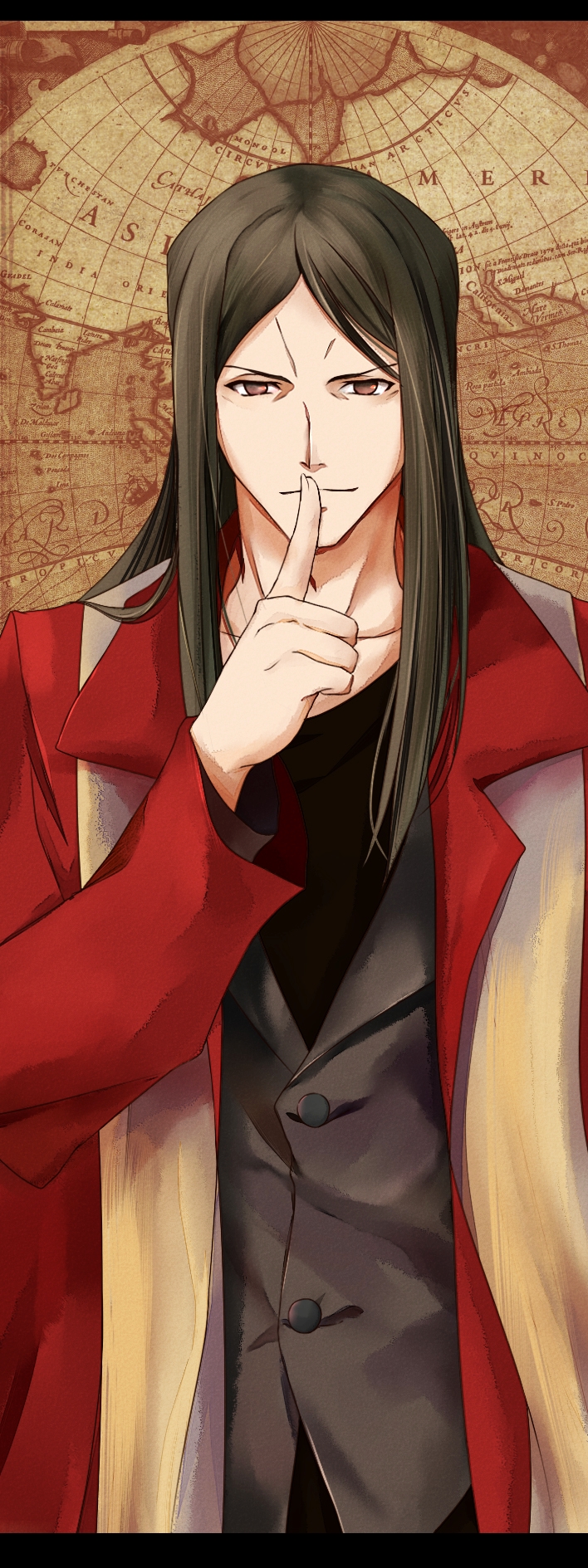 adult, black_eyes, black_hair, brown_eyes, fate/zero, fate_(series), finger_to_mouth, highres, long_hair, lord_el-melloi_ii, male, solo, waver_velvet, zkxandy