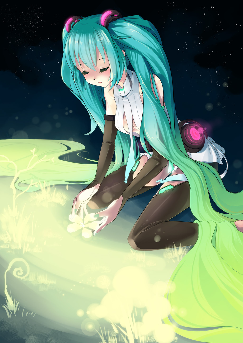 aqua_hair, bridal_gauntlets, closed_eyes, eyes_closed, hatsune_miku, hatsune_miku_(append), highres, long_hair