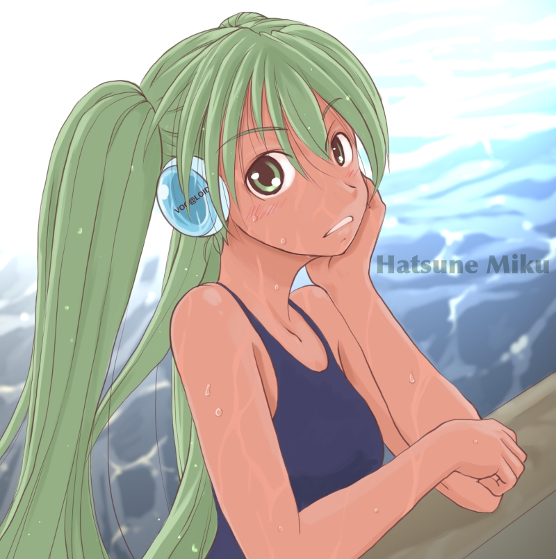 bonoramo, character_name, chin_rest, green_eyes, green_hair, hand_on_headphones, hatsune_miku, headphones