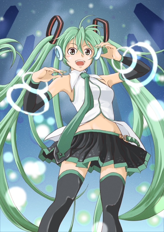 bonoramo, detached_sleeves, green_eyes, green_hair, hand_on_headphones, hatsune_miku, headphones, long_hair