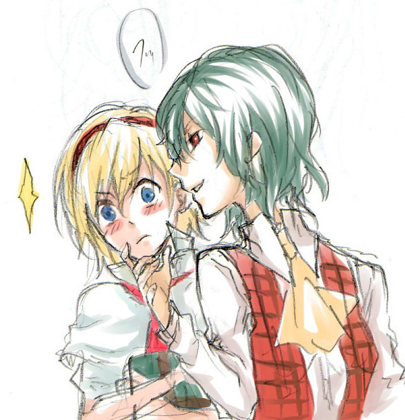 alice_margatroid, blonde_hair, bust, chin_grab, graphite_(medium), green_hair, hairband, kazami_yuuka