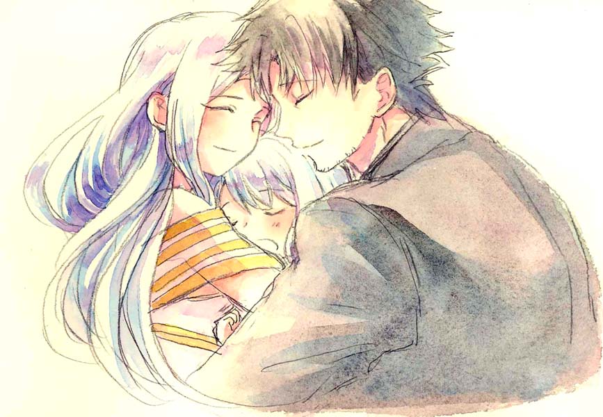 2girls, age_difference, black_hair, dress, emiya_kiritsugu, family, fate/zero, fate_(series), father_and_daughter, illyasviel_von_einzbern, irisviel_von_einzbern, long_hair, mother_and_daughter, multiple_girls, norino_moto, traditional_media, watercolor_(medium), white_hair