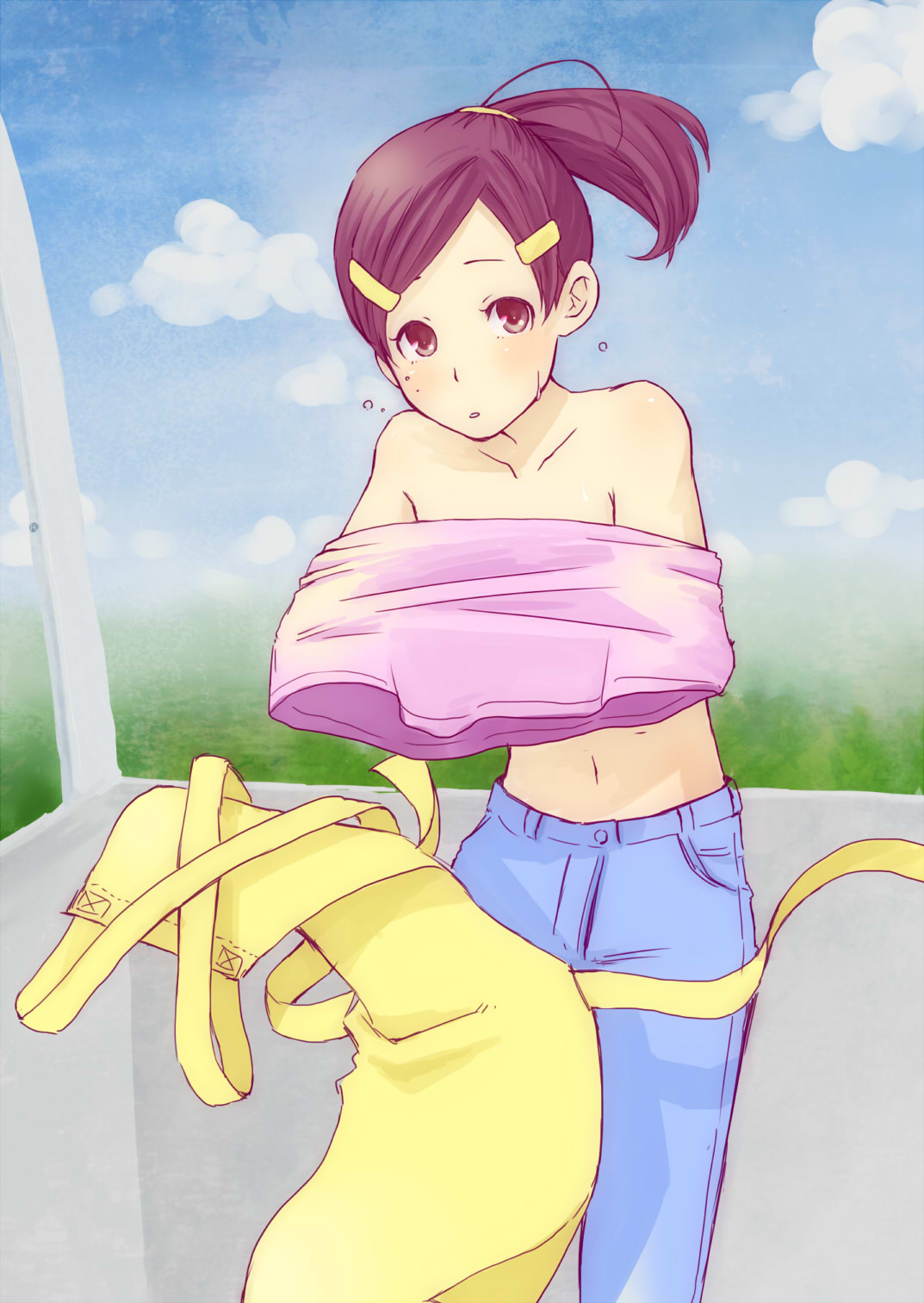 apron, enatsu_(pokemon), hair_ornament, highres, kindergarten_teacher_(pokemon), npc_trainer, obi_(lyric), pokemon, pokemon_(game), pokemon_bw2, ponytail, purple_eyes, purple_hair, sweat, trainer_class, trap, undressing, violet_eyes