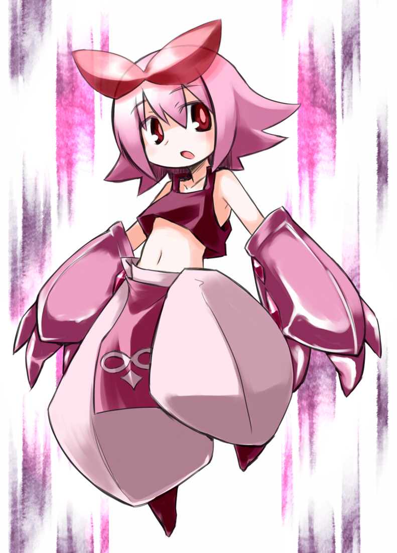 1girl, alternate_color, androgynous, crop_top, flat_chest, karakuri_douji_ultimo, kikou_douji_ultimo, kugelschreiber, male, midriff, navel, pink_hair, service_(ultimo), short_hair, solo