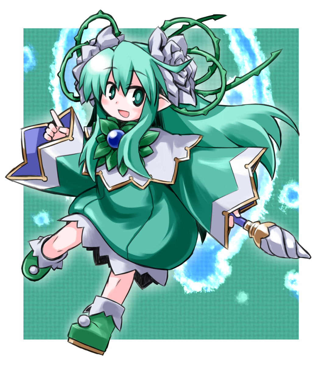 green_eyes, green_hair, hanahime_kaguya, highres, kugelschreiber, long_hair, pointy_ears, shinrabanshou, smile, solo, very_long_hair