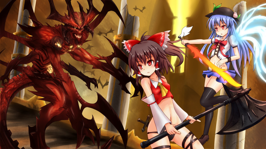 adapted_costume, ascot, axe, belt, blue_hair, blush, bow, brown_hair