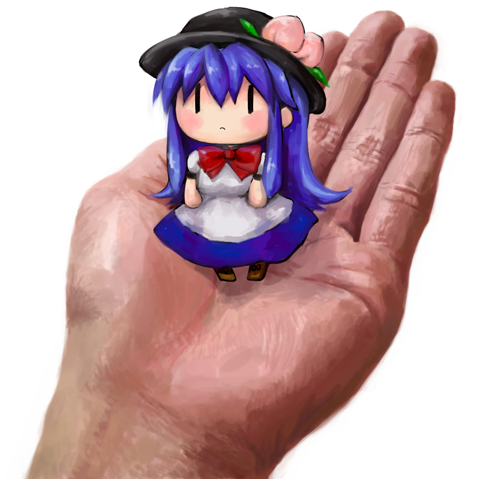 blue_hair, blush, bow, chibi, food, fruit, hands, hat