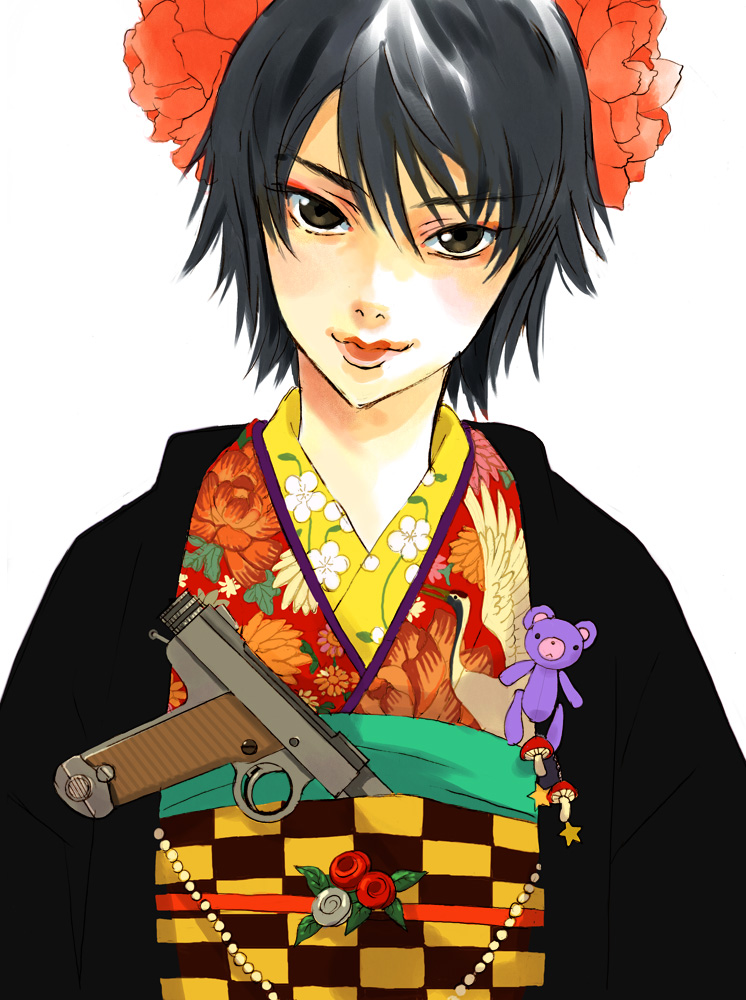 brown_eyes, flower, gun, hair_flower, hair_ornament, handgun, japanese_clothes, kimono