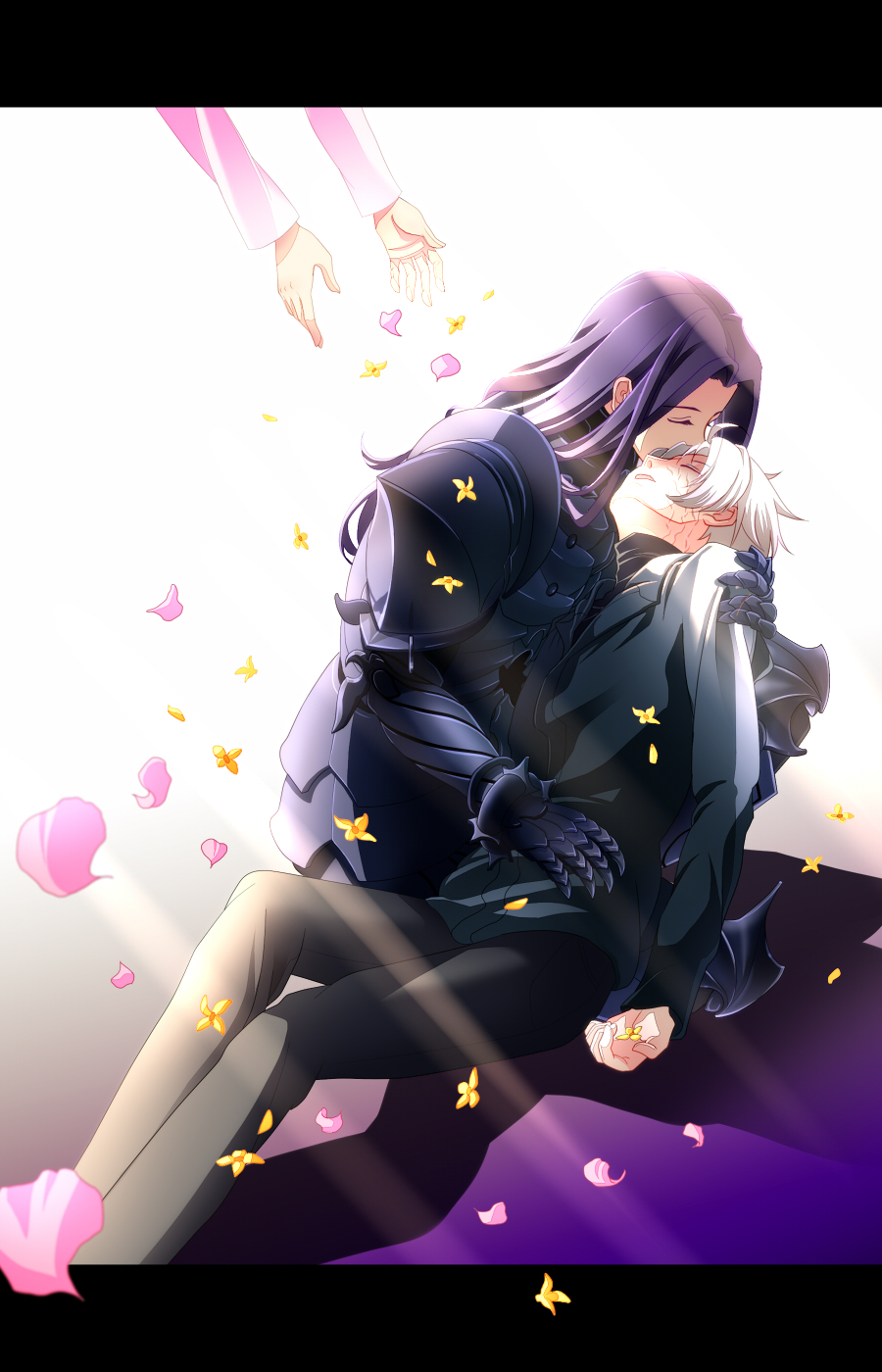 armor, berserker_(fate/zero), closed_eyes, eyes_closed, fate/zero, fate_(series), flower, highres, hoodie, long_hair, male, matou_kariya, matou_sakura, multiple_boys, nonoi, petals, purple_hair, white_hair